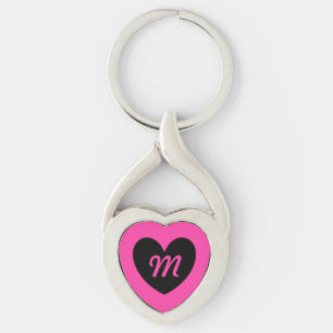 Monogram svart hjärta på fuchsisk rosa twisted heart silverfärgad nyckelring