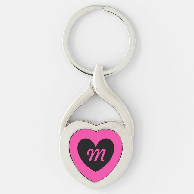 Monogram svart hjärta på fuchsisk rosa twisted heart silverfärgad nyckelring (Framsidan)