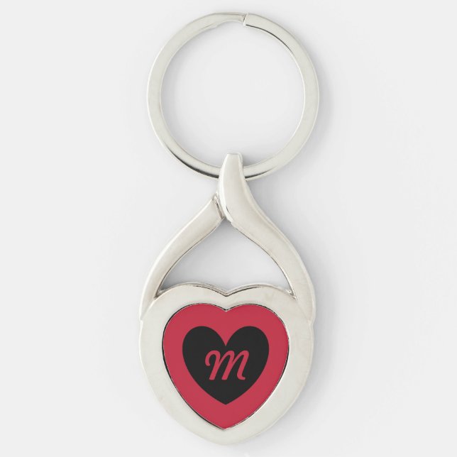 Monogram svart hjärta på rött twisted heart silverfärgad nyckelring (Framsidan)