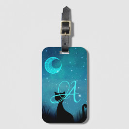 Monogram svart katt stjärnhimmel illustration bagagebricka