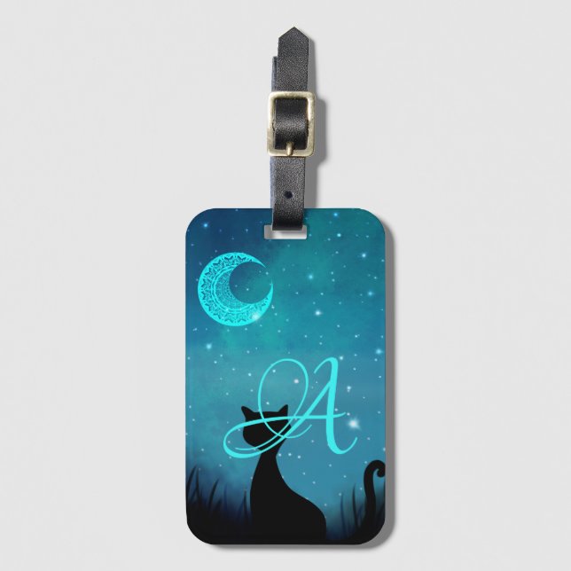 Monogram svart kattstarr himlar illustration bagagebricka (Framsida vertikal)