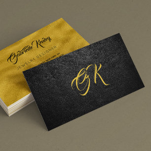 Monogram, svart läder guld metall visitkort