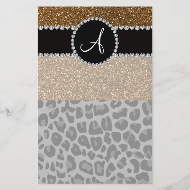 Monogram svart leopard guld glitter brevpapper (Framsida)