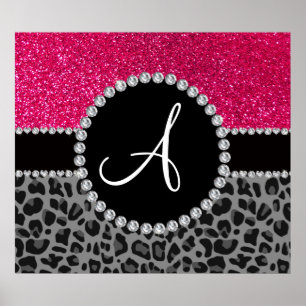 Monogram svart leopard rosa glitter poster