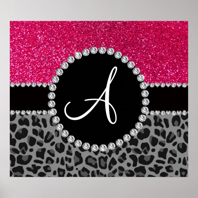 Monogram svart leopard rosa glitter poster (Framsidan)