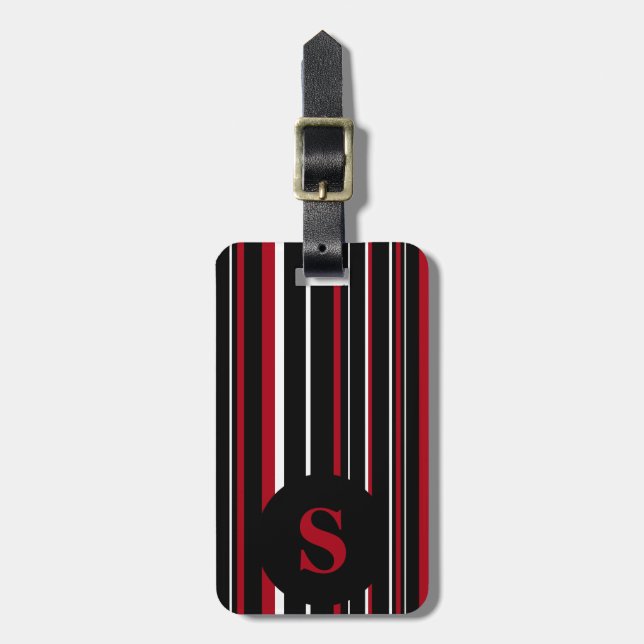 Monogram Svart Mörkröd Streckkod Cirkel Rand Bagagebricka (Vertikal Framsida)