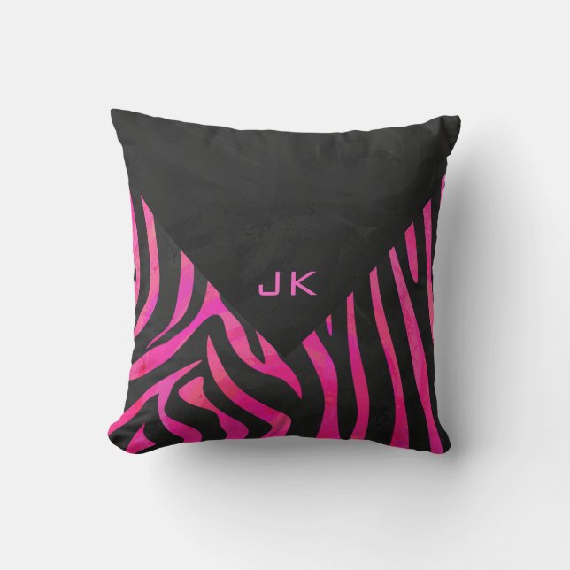 Monogram svart och het rosa zebradesign kudde (Framsida)