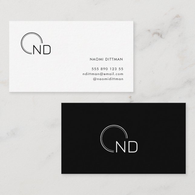 Monogram svart och vit minimalistisk, personlig visitkort (Fram/baksida)