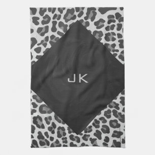 Monogram svart och vitt leopard Skriv ut Kökshandduk