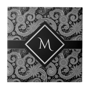 Monogram svart Paisley Kakelplatta
