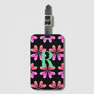 Monogram svart rosa blommigt bagagebricka