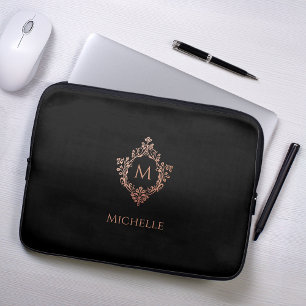 Monogram Svart Rosa Elegant Roséguld Vapen Namn Laptop Fodral