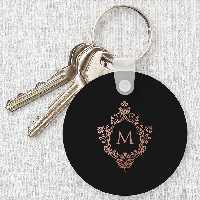 Monogram Svart Rosa Elegant Rosguld Ornamenterad V Nyckelring (Skapare uppladdad)