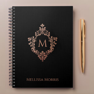 Monogram Svart Rosa Elegant Rosguld Vapen Namn Anteckningsbok