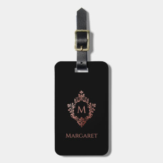 Monogram Svart Rosa Initial & Vapen Elegant Utförd Bagagebricka