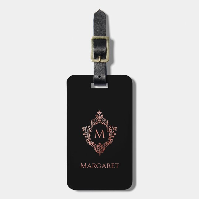 Monogram Svart Rosa Initial & Vapen Elegant Utförd Bagagebricka (Vertikal Framsida)