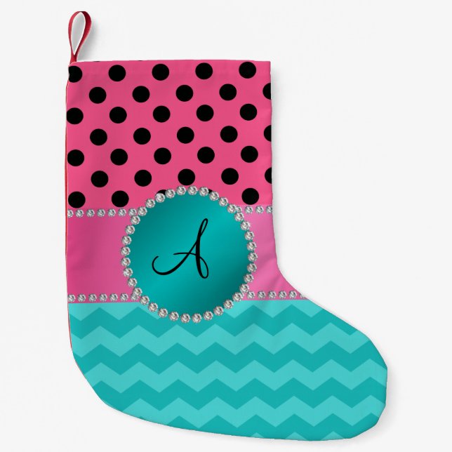 Monogram svart rosa polka dots turkos chevrons liten julstrumpa (Framsidan)