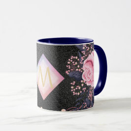 Monogram Svart ROSEGOLD Rosa Metallisk Glitter Fli Mugg