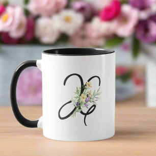 Monogram Svart Typografi Färgglada Blommor Mugg