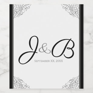 Monogram svart vintage ram bröllop vinflaska etikett