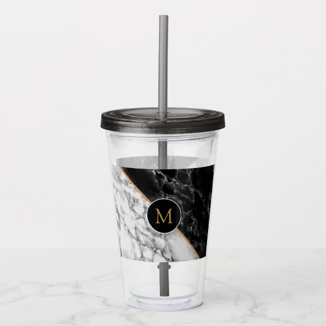 Monogram svart, vit marble Stone Acrylic Tumbler Take Away Mugg (Framsida)