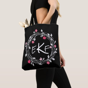 Monogram Svart & Vit Rosa Blommig Krans Tygkasse