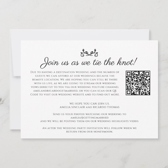 Monogram svart vit vigsel livestream QR-kod Meddelande (Baksida)