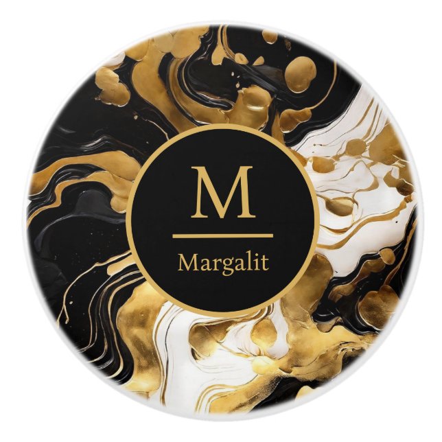Monogram Svart Vitt och Guld Falsk Marmor  Knopp (Framsidan)