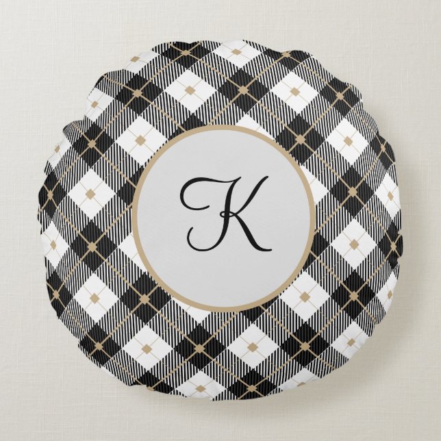 Monogram svart vitt och guld Plaid Rund Kudd Kudde (Framsidan)