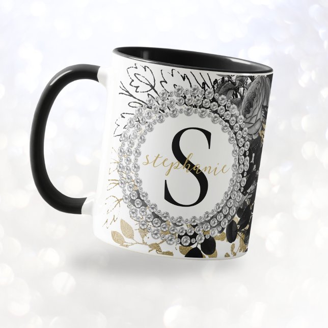 Monogram Svarta Guld Rosor Diamanter Lyx Lystil  Mugg (mockup view)