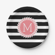 Monogram svarta och vita ränder och vit krans