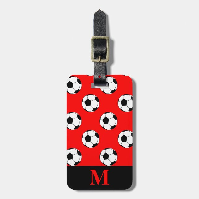 Monogram Svarta/Vita Fotbollar på Röd Bagagebricka (Vertikal Framsida)