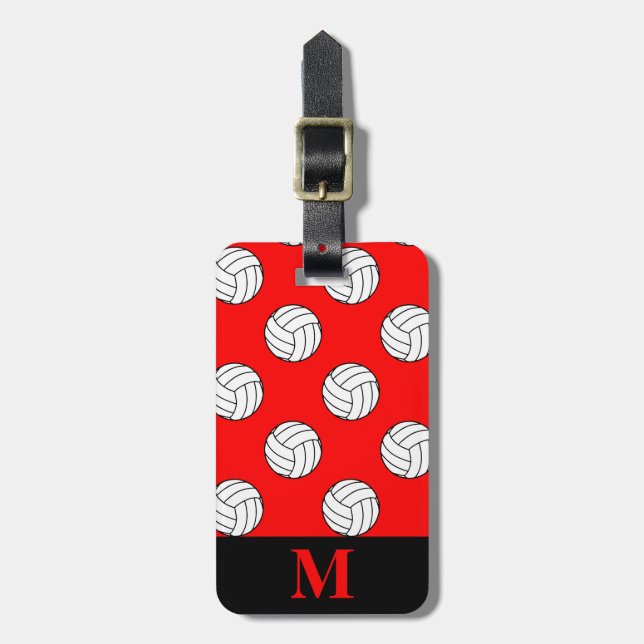 Monogram Svarta Vita Volleyboll, Röd Bagagebricka (Vertikal Framsida)