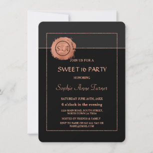 Monogram SWEET 16, Romantic Ro Guld Glitter Inbjudningar
