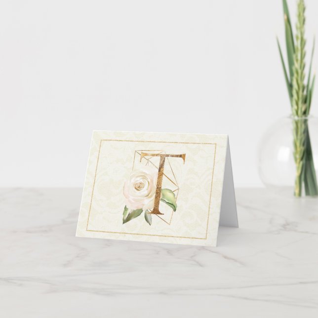 Monogram T Blommigt Note Card Guld Kort (Framsida)