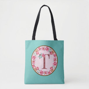 Monogram T Brev med Peony Flower Image Tote Bag Tygkasse