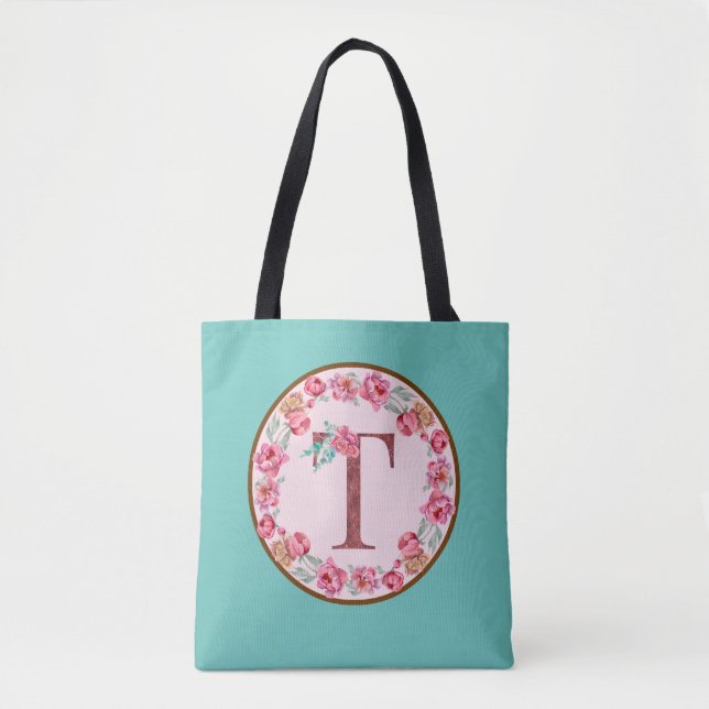 Monogram T Brev med Peony Flower Image Tote Bag Tygkasse (Framsida)