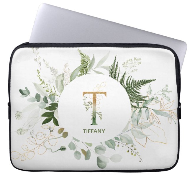 Monogram T Elegant Greenery Laptop sleeve (Framsidan)