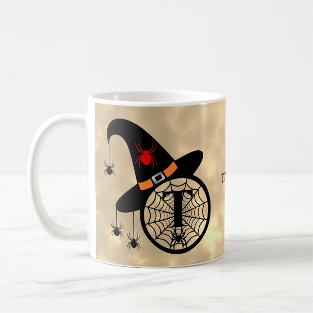 Monogram T Halloween Himlar Witch Spiders Namn Kaffemugg (Vänster)