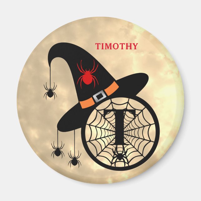 Monogram T Halloween Himlar Witch Spiders Namn Magnet (Framsidan)