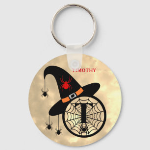 Monogram T Halloween Himlar Witch Spiders Namn Nyckelring