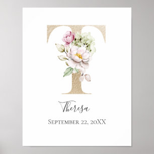 Monogram T Rosa White Blommigt Guld Brev Nursery Poster