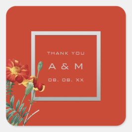 Monogram, tack, Grått Ram Silver Blommigt Coral Fyrkantigt Klistermärke