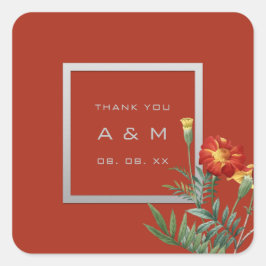 Monogram, tack, Grått Ram Silver Blommigt Coral Fyrkantigt Klistermärke