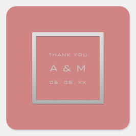 Monogram, tack, Grått Ram Silver Bröllop Coral Fyrkantigt Klistermärke