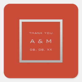 Monogram, tack, Grått Ram Silver Bröllop Coral Fyrkantigt Klistermärke