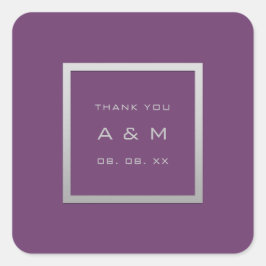 Monogram, tack, Grått Ram Silver Bröllop Lila Fyrkantigt Klistermärke