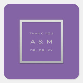 Monogram, tack, Grått Ram Silver Bröllop Lila Fyrkantigt Klistermärke