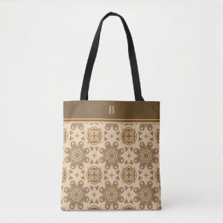 Monogram Tan Brown Abstrakt Boho Flower Mönster Tygkasse