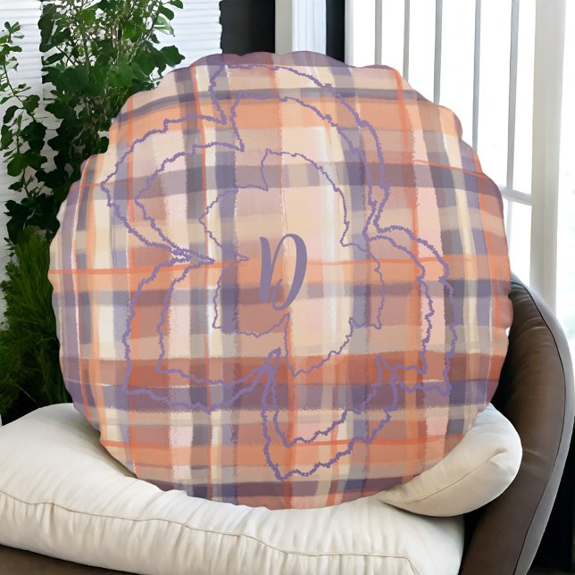 Monogram tartan höst löv beige orange lila rund kudde (Skapare uppladdad)